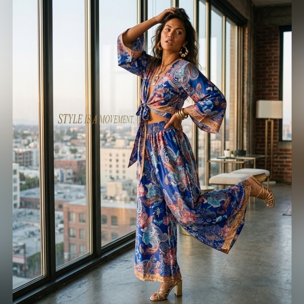 Royal Paisley Bell-Sleeve & Wide-Leg Co-ord Set